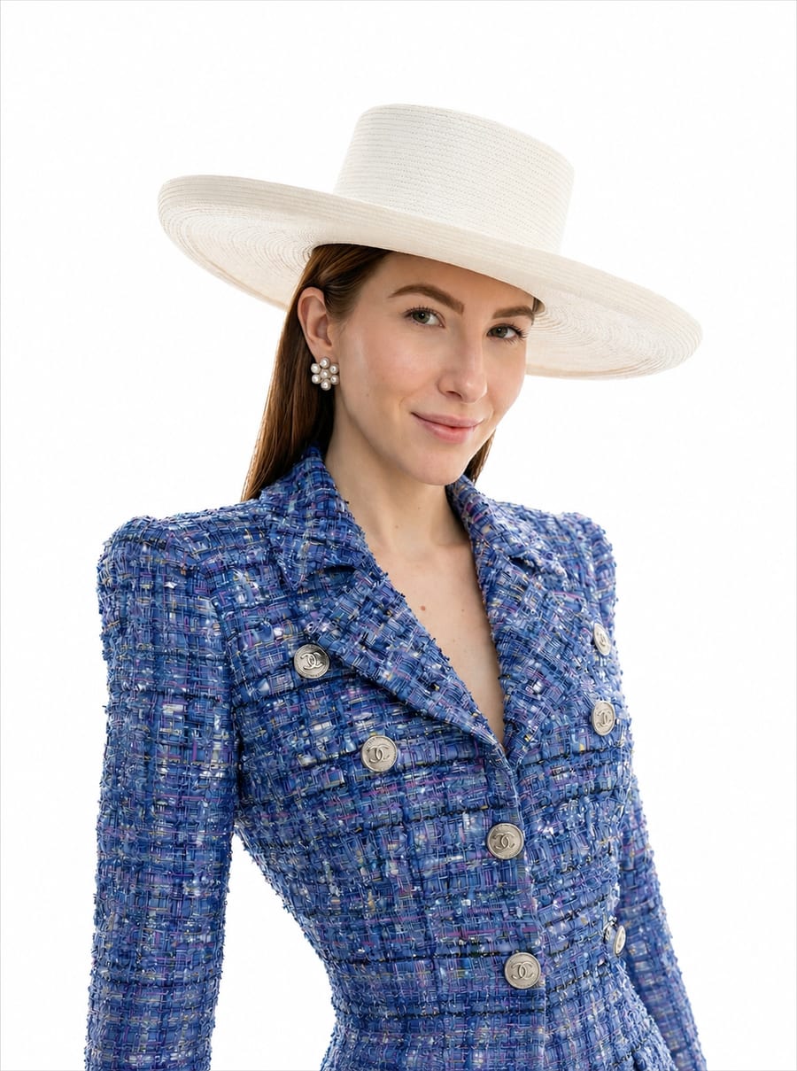 Virginia, consulente d'immagine, con giacca di tweed blu e cappello bianco a tesa larga